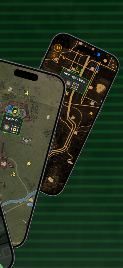 Two iPhone screens displaying interactive maps for Fallout 76 and New Vegas within the companion app