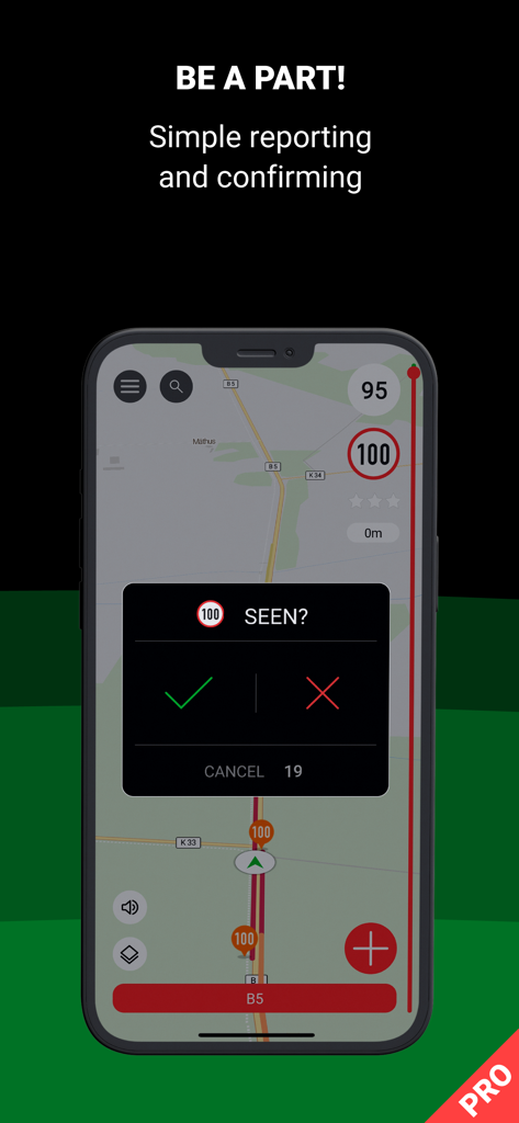 Utilisateur confirmant une alerte de danger routier sur l'interface de carte de Blitzer.de PRO.