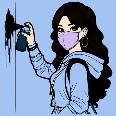 realistic girl with mask spray painting a wall