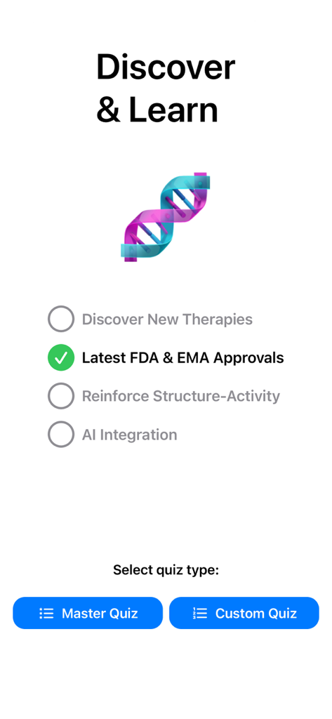 Pharmacodex - Pantalla de selección de cuestionarios de la aplicación Pharmacodex para seleccionar tipos de cuestionarios de farmacología, incluido el cuestionario maestro y cuestionarios personalizados