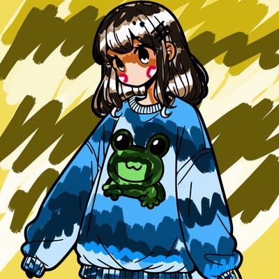 girl wearing frogging sweatshirt