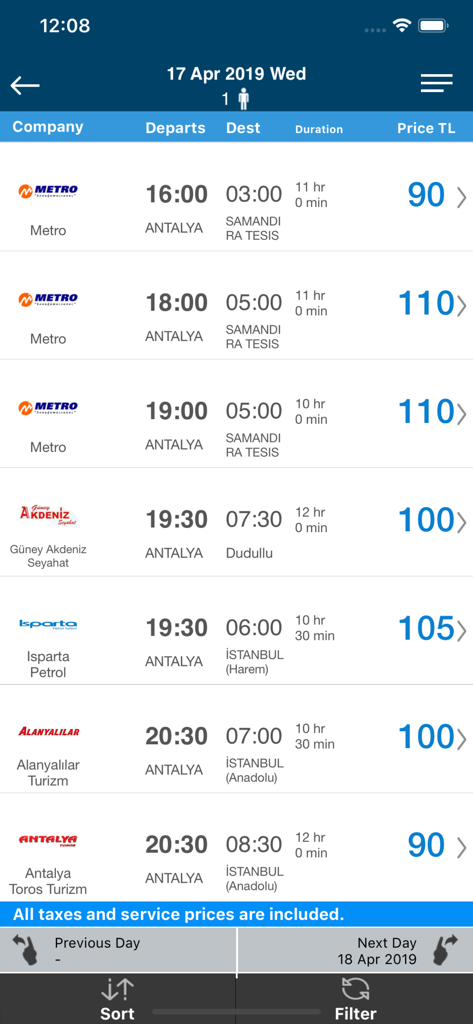 Aerobilet - Flights, Hotels - Aerobilet app screen showing search results for bus travel between cities with prices and departure times