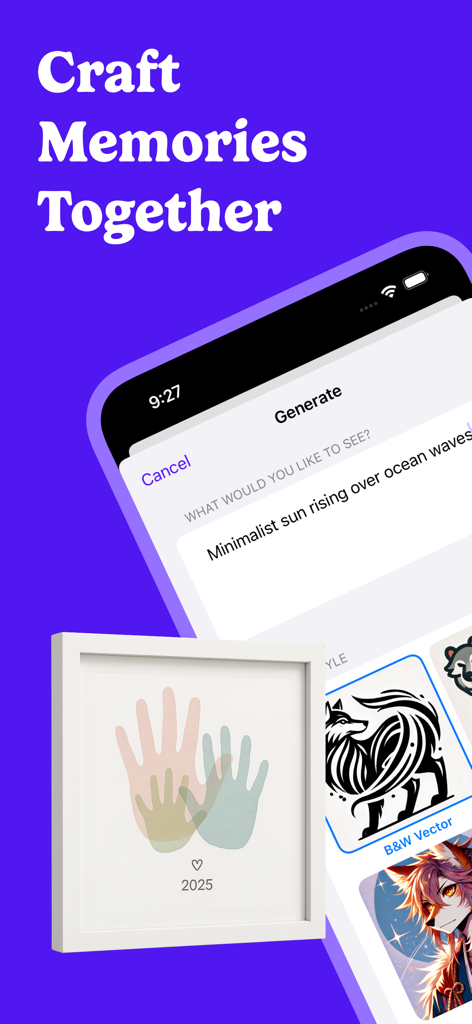 Crafti: Design for Makers - Crafti mobile app interface showing AI image generation tools and a framed handprint craft project