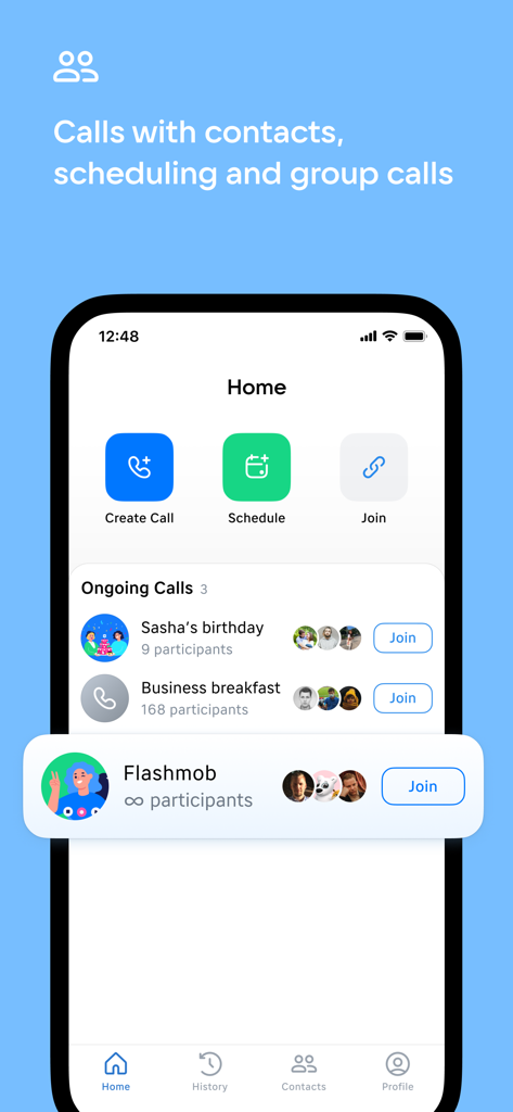VK Calls app home screen showing options to create schedule and join group video calls with a list of ongoing meetings