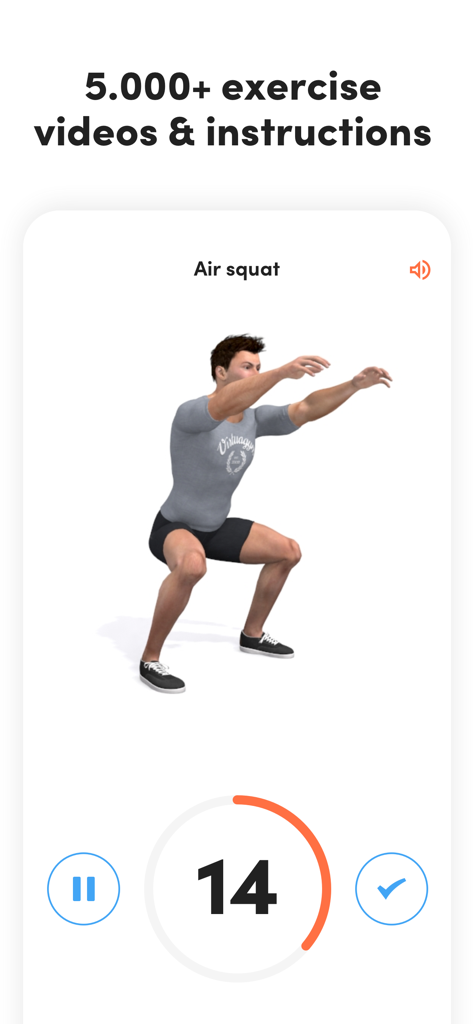 Virtuagym: Fitness & Workouts - Interfaz de la app Virtuagym mostrando a un entrenador personal animado en 3D realizando una sentadilla al aire con un temporizador