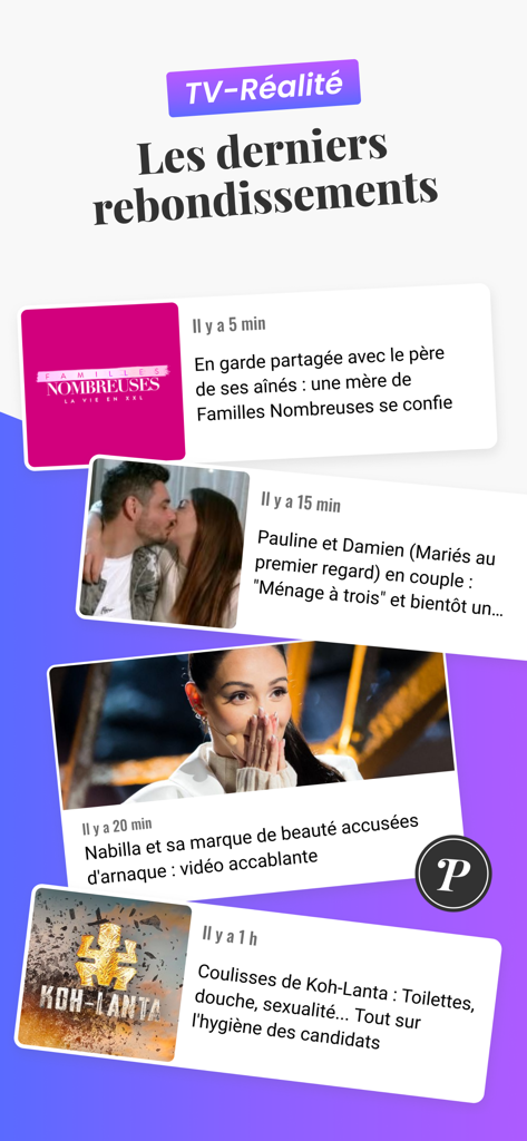 Purepeople © - Purepeople Mobile App-Oberfläche, die die neuesten Promi-Nachrichtenkarten für Reality-TV anzeigt