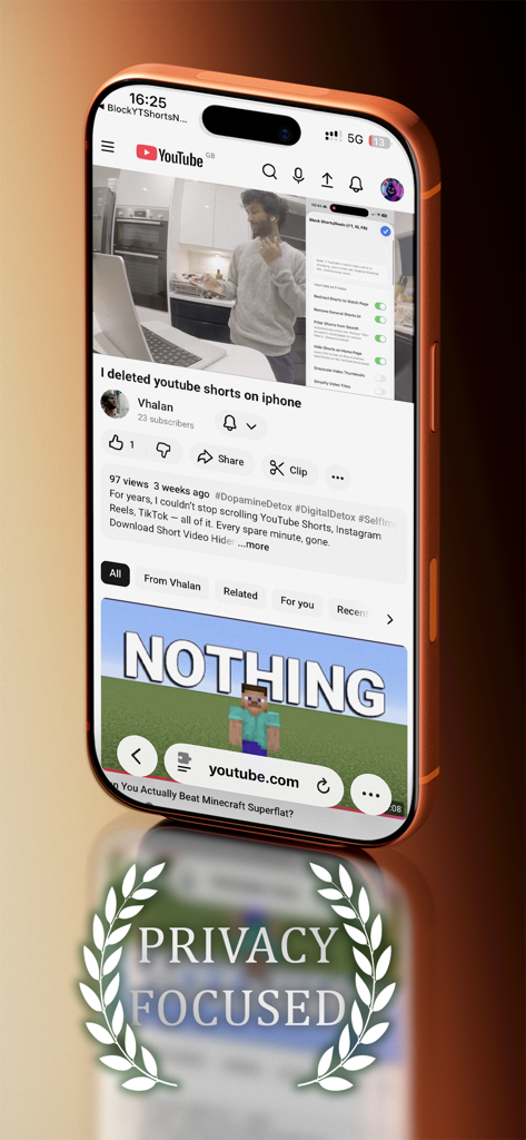 iPhone screen showing the Short Video Hider app interface with a privacy focused emblem and a YouTube video about removing shorts.