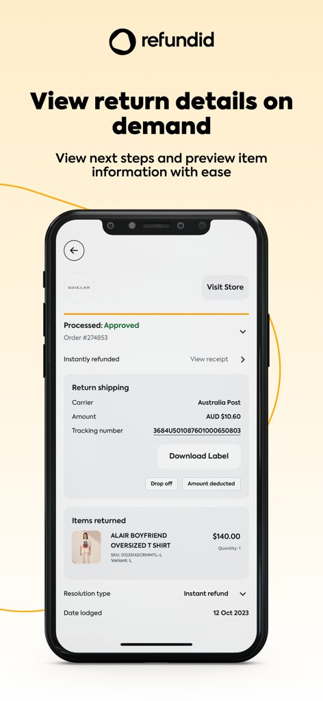 Refundid app interface displaying return tracking details shipping label and instant refund status for an online purchase