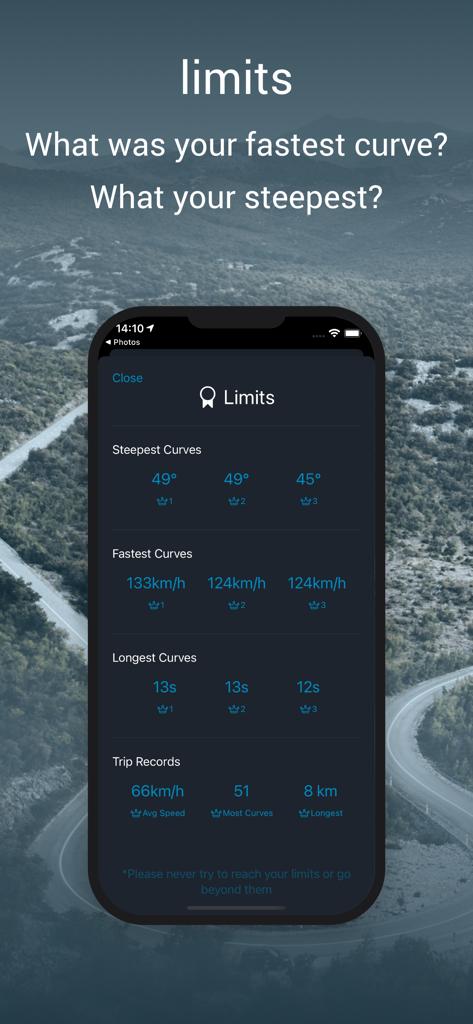 Curve Tracker for Motorbike - Motorrad-App-Oberfläche mit Schräglagenwinkel-, Geschwindigkeits- und Fahrleistungsaufzeichnungen