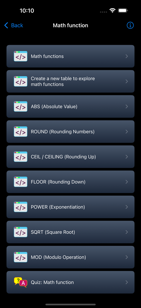 A list of SQL math functions and a quiz module within the SQL Programming Pro app.