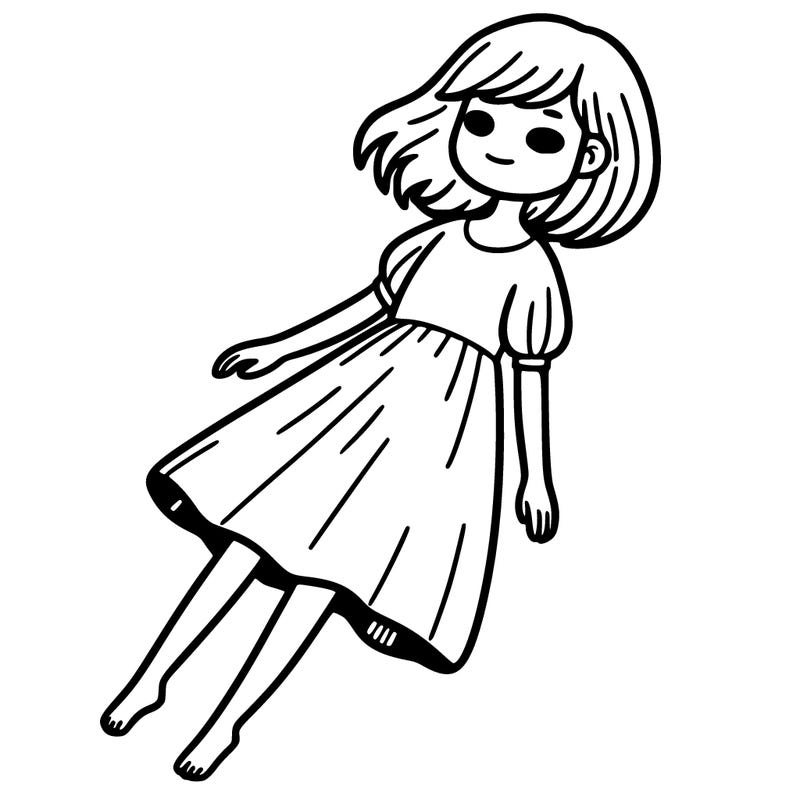 floating girl with shoulder length hair wearing dress
