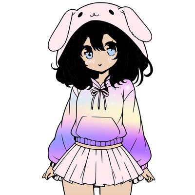 pretty anime girl wearing a fluffy hoodie with bunny ears on the hood and a skirt