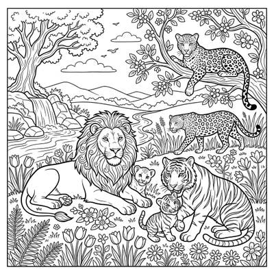 Step into a vibrant spring landscape where majestic big cats and their cubs relax amidst blooming flowers and lush greenery. This easy-to-color page is designed with large outlines, making it perfect for a soothing and enjoyable coloring experience for seniors.