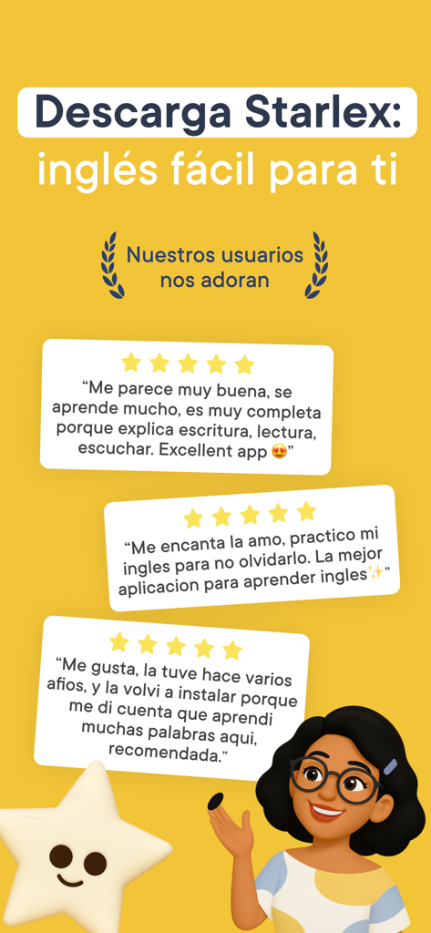 Positive user testimonials and five star reviews for the Starlex English learning app