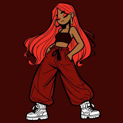 girl in baggy pants crop top and long hair