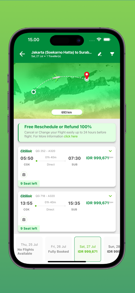 Pantalla de resultados de búsqueda de vuelos de la aplicación móvil Citilink de Yakarta a Surabaya con precios y horario