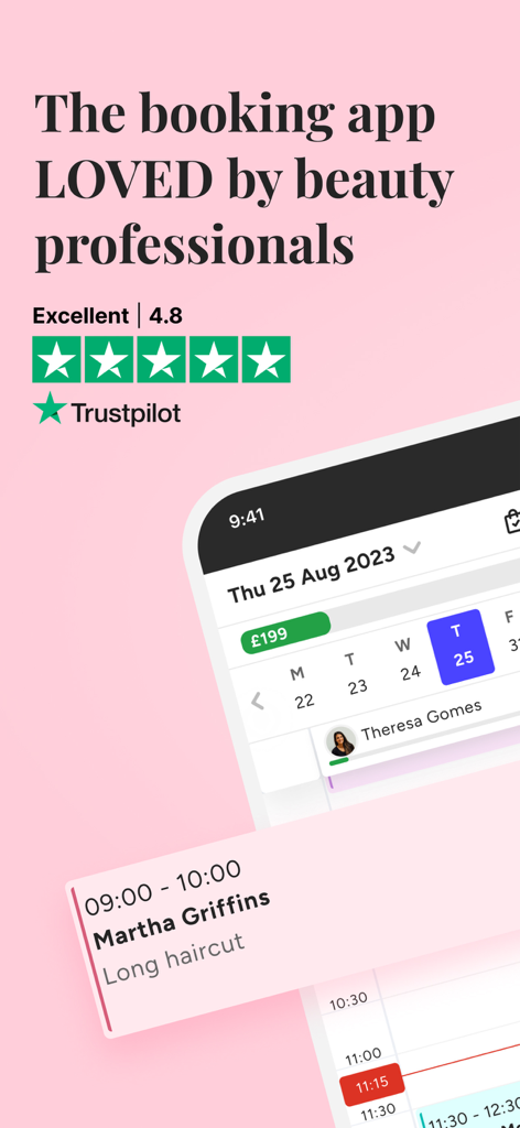 Book in Beautiful Business - Screenshot of the Book in Beautiful Business app showing its 4.8 star Trustpilot rating and a calendar for beauty salon appointment management.