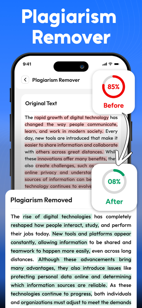 Paraphrase Tool - Humanize Ai - Interface of the Plagiarism Remover feature showing before and after text with plagiarism scores.