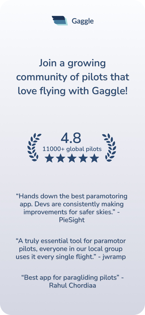 Gaggle paragliding app showing a 4.8 rating and user testimonials from pilots