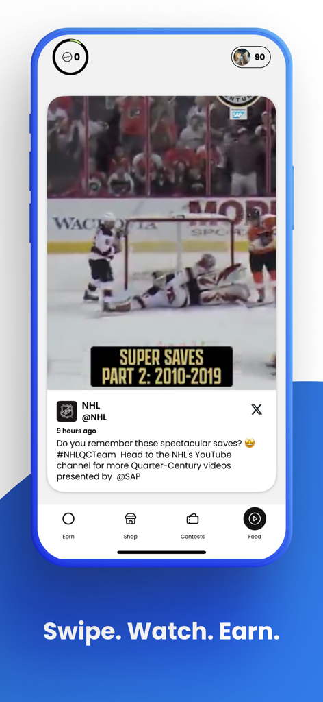 Wunderfan - Oberfläche der Wunderfan-App, die ein NHL-Hockey-Highlight-Video und die Funktion „News to Earn“ zeigt.