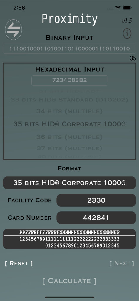 Proximity - Access Card Calc - Proximity app interface showing facility code and card number calculation from hexadecimal input