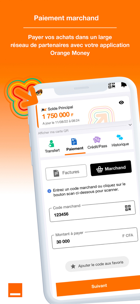 Orange Money Senegal - Écran de paiement marchand sur l'application mobile Orange Money Sénégal