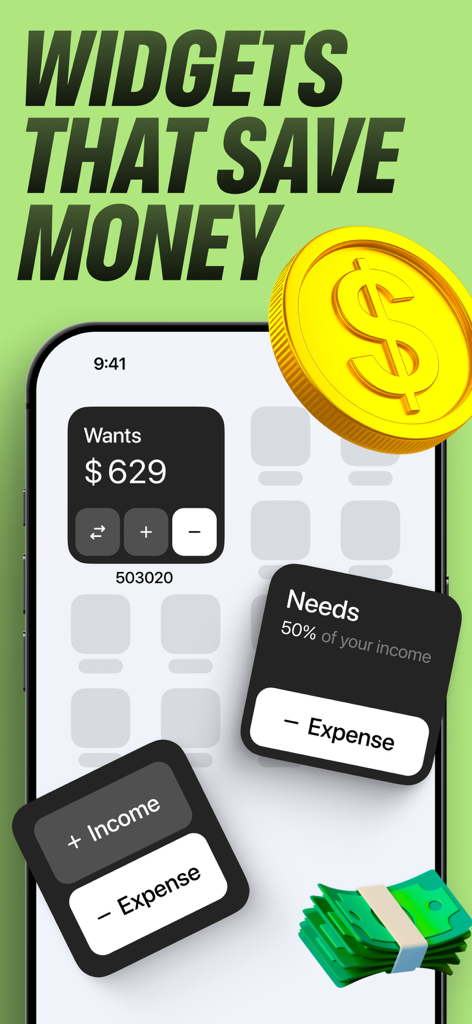 Wudget: Simpler Budget Planner - Wudget app widgets on an iPhone home screen showing budget tracking for Needs and Wants categories.