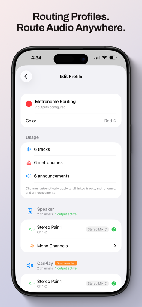 Screen showing routing profiles for tracks and metronomes in the Multitrack Audio Player app