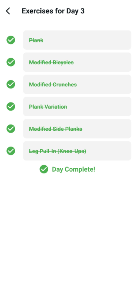 30 day Workout - Workout30 - Completed list of exercises for Day 3 including planks and crunches in the Workout30 app.