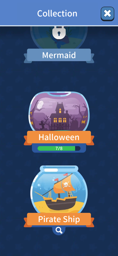 Association Sort -Connect Word - In-game collection menu showing Halloween and Pirate Ship themes in Association Sort