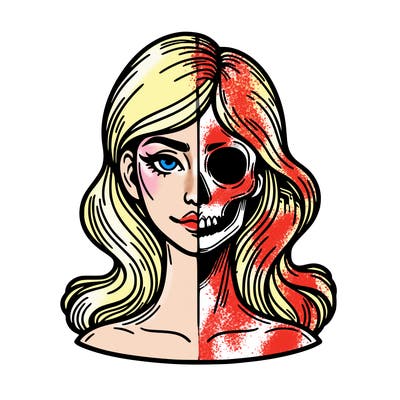 bust of a woman, half face and hair, half skull