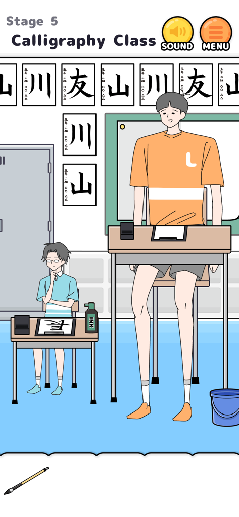 Un personaje alto de pie en un escritorio elevado durante una clase de caligrafía japonesa en el juego de escape Tall Boy.