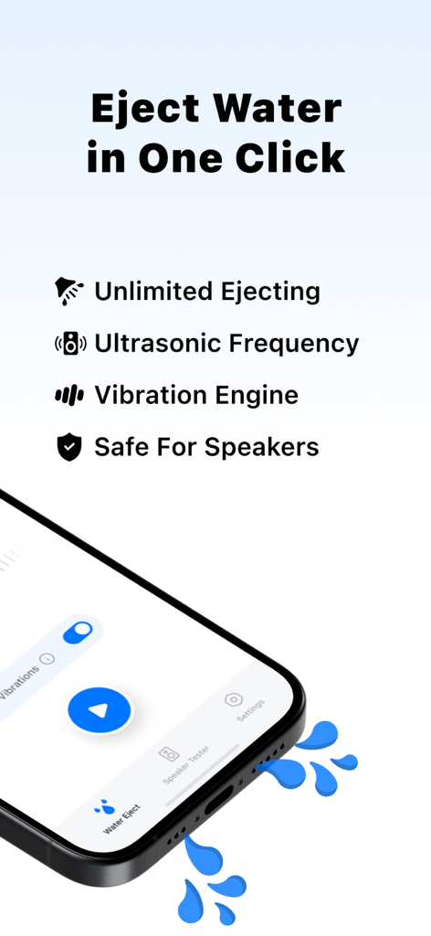 Water Eject app interface displaying one click water removal feature for iPhone speakers