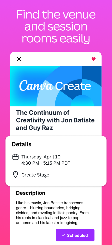 Canva Create 2025 - Captura de pantalla de la aplicación Canva Create 2025 con detalles de la sesión de Jon Batiste y Guy Raz, incluyendo hora y lugar.