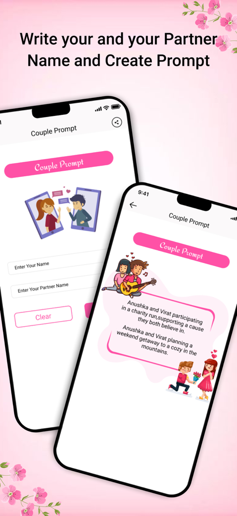 Couple Name Combiner AstroNams - Couple Prompt feature in the AstroNams app showing creative activities generated for a couple