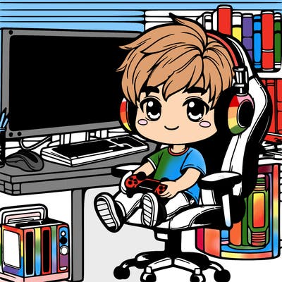 cute boy cartoon in a gaming chair in a gaming set up