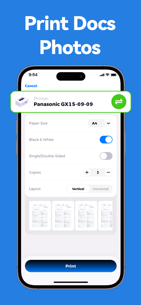 Smart Printer App-Print & Scan - iPhone app screen showing print settings for documents and photos
