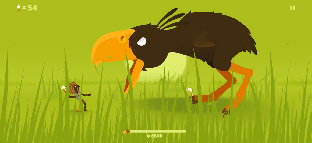 Big Hunter - A tribal hunter facing a giant prehistoric bird in a minimalist green landscape