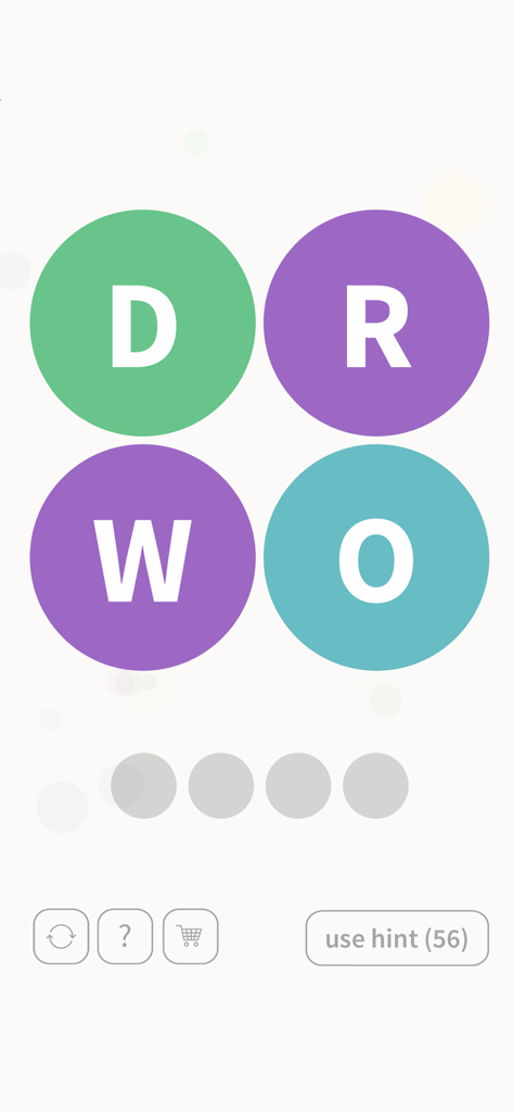 WordBubbles! - WordBubbles gameplay interface showing four colored bubbles with letters D R W and O and empty slots for a four-letter word