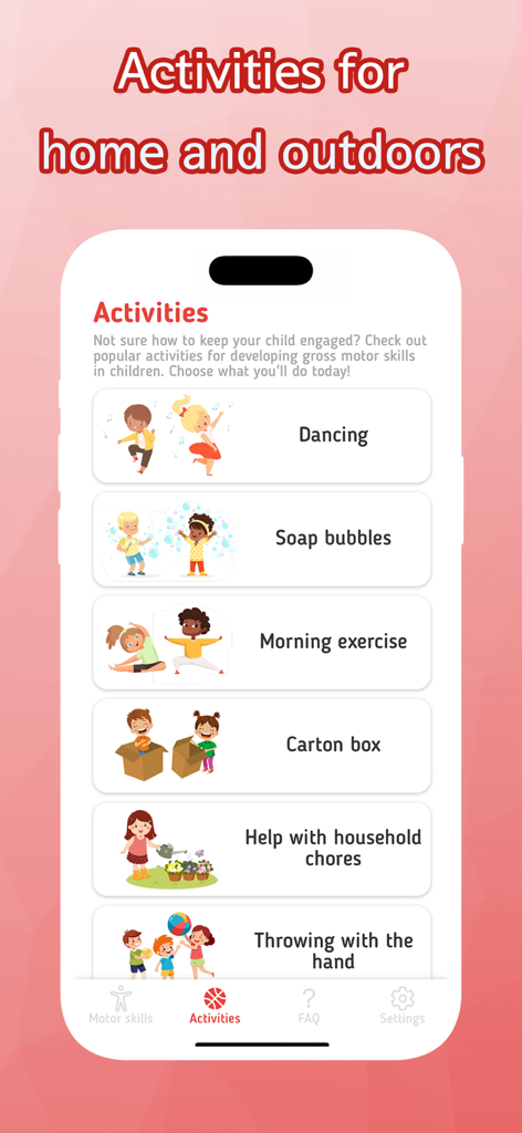 Capture d'écran du menu des activités dans l'application Motricité montrant des options comme faire danser des bulles de savon et l'exercice du matin.