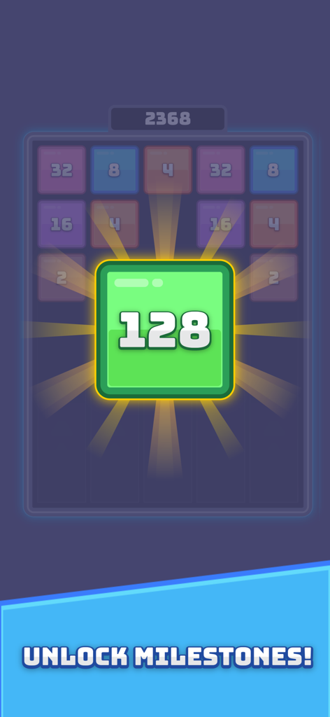 Merge Blast Number - Un bloque grande verde 128 brillando en una cuadrícula de rompecabezas en Merge Blast Number con la leyenda Desbloquear Hitos.