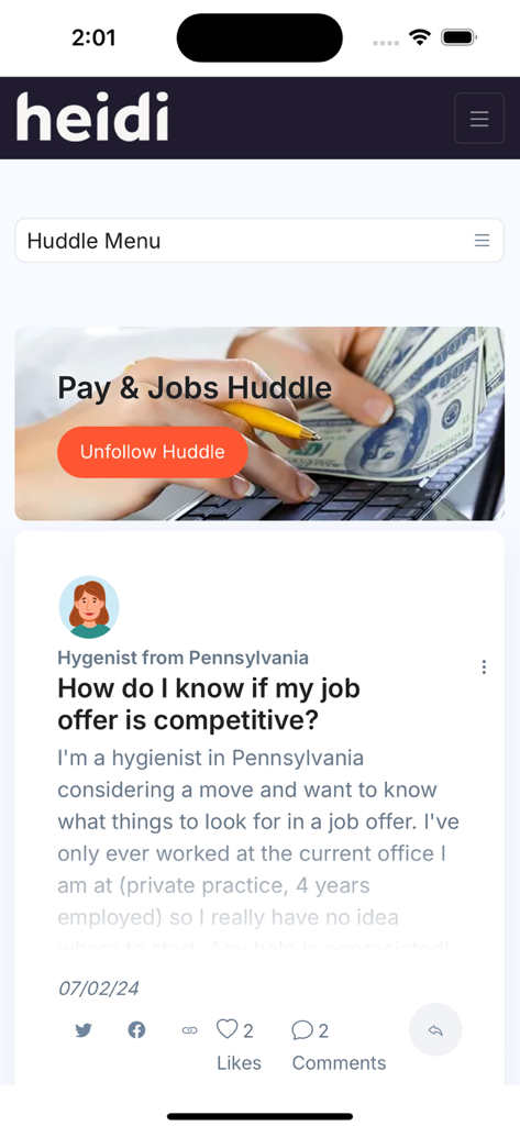Heidi - Interface of the Heidi app showing a community post in the Pay and Jobs Huddle section.