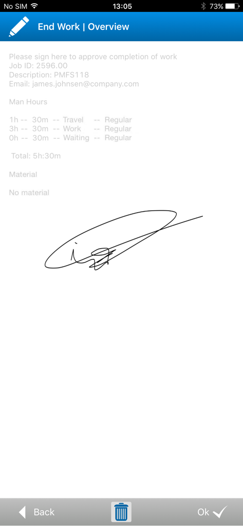 Tela do aplicativo móvel Planon mostrando a visão geral da conclusão do trabalho com resumo de horas e uma assinatura digital para aprovação do trabalho