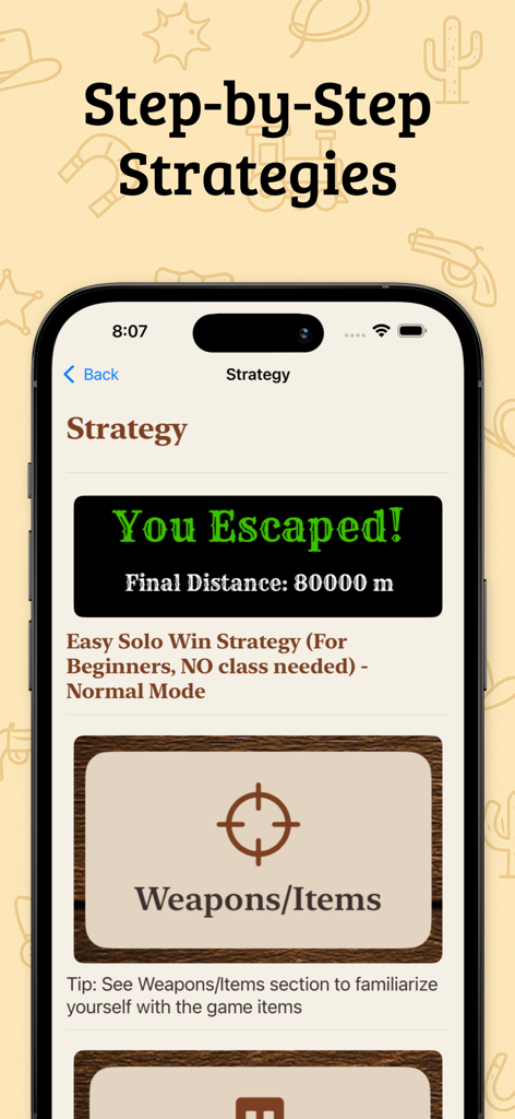 Dead Rails Guide – Unofficial - Tela do aplicativo móvel mostrando estratégias de sobrevivência passo a passo e guia de armas para o jogo Roblox Dead Rails