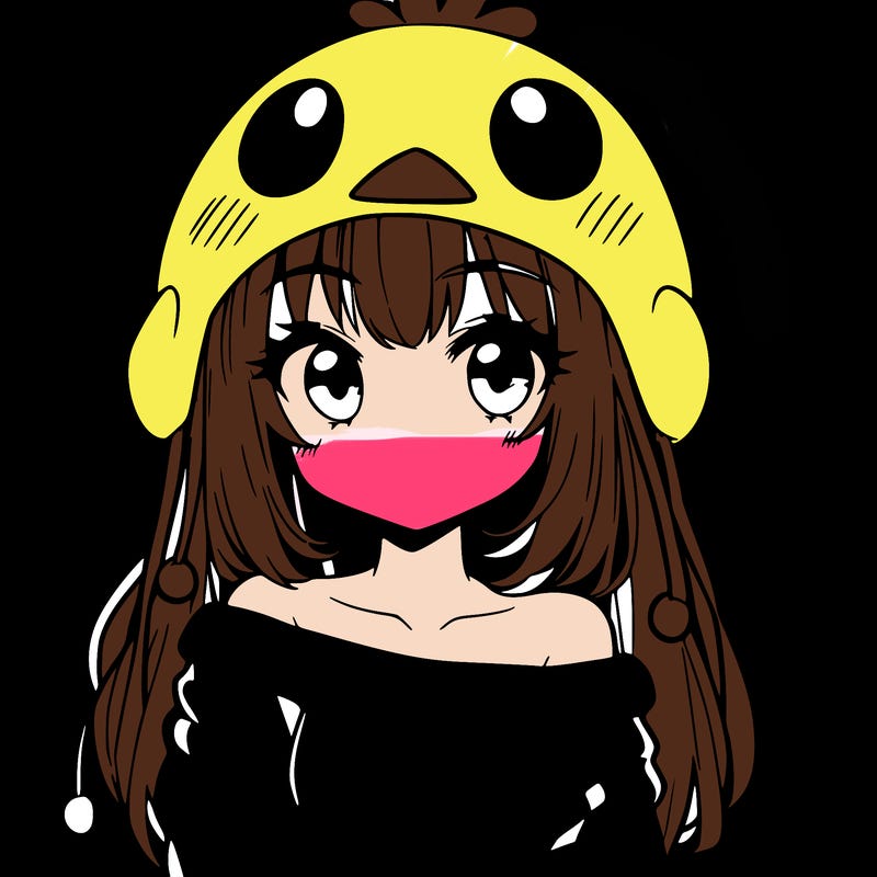 anime girl with chick shaped hat with sweater with bare shoulders with bangs covering them one eye with low tail