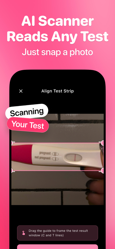 Pregnancy Test Checker - AI - Interface of the Pregnancy Test Checker AI app showing a user scanning a pregnancy test strip with a smartphone camera