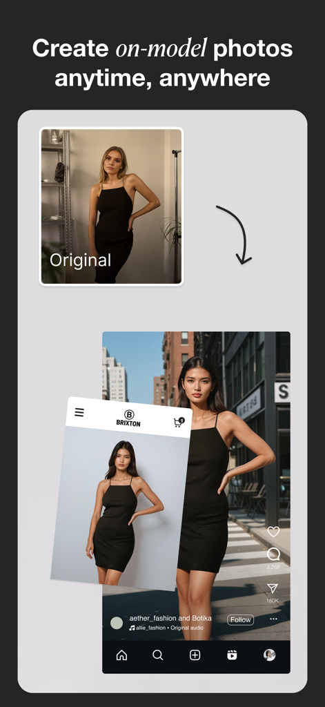 A before and after comparison showing an original photo transformed into a professional AI fashion model photoshoot for e-commerce