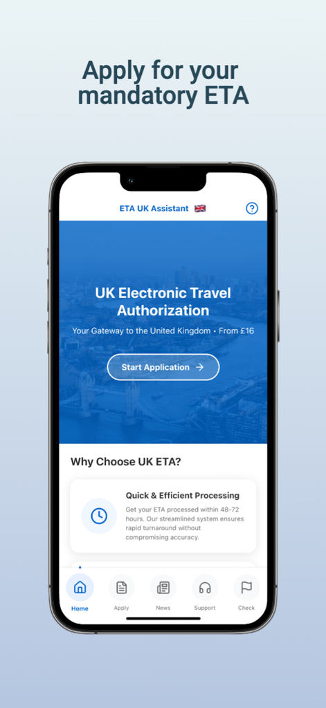 Startbildschirm der ETA UK Assistant App mit der Schaltfläche 'Anwendung starten'