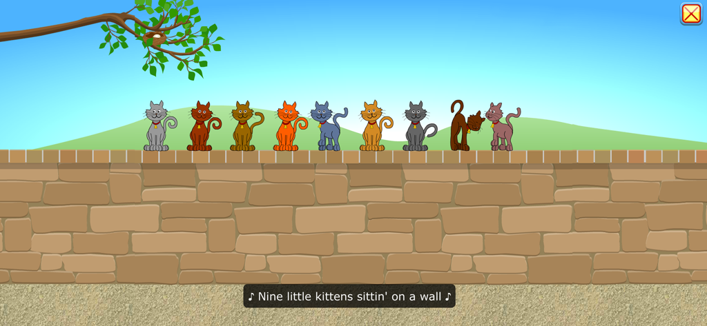 Starfall Numbers - Nine colorful cartoon kittens sitting on a stone wall with song lyrics at the bottom