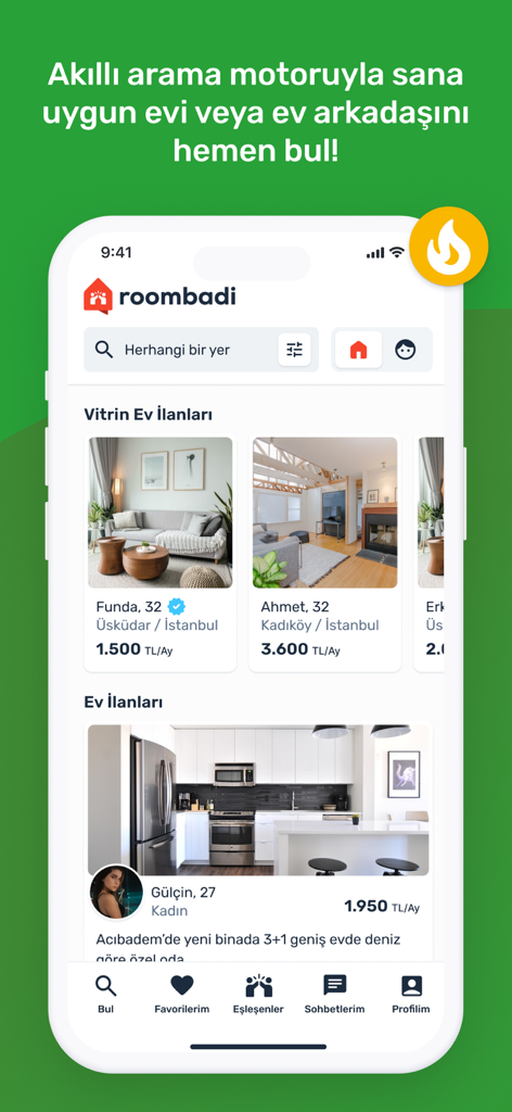 Roombadi - Find a Roommate! - Roombadi mobile app interface showing house and roommate listings with monthly rent prices and profile verification